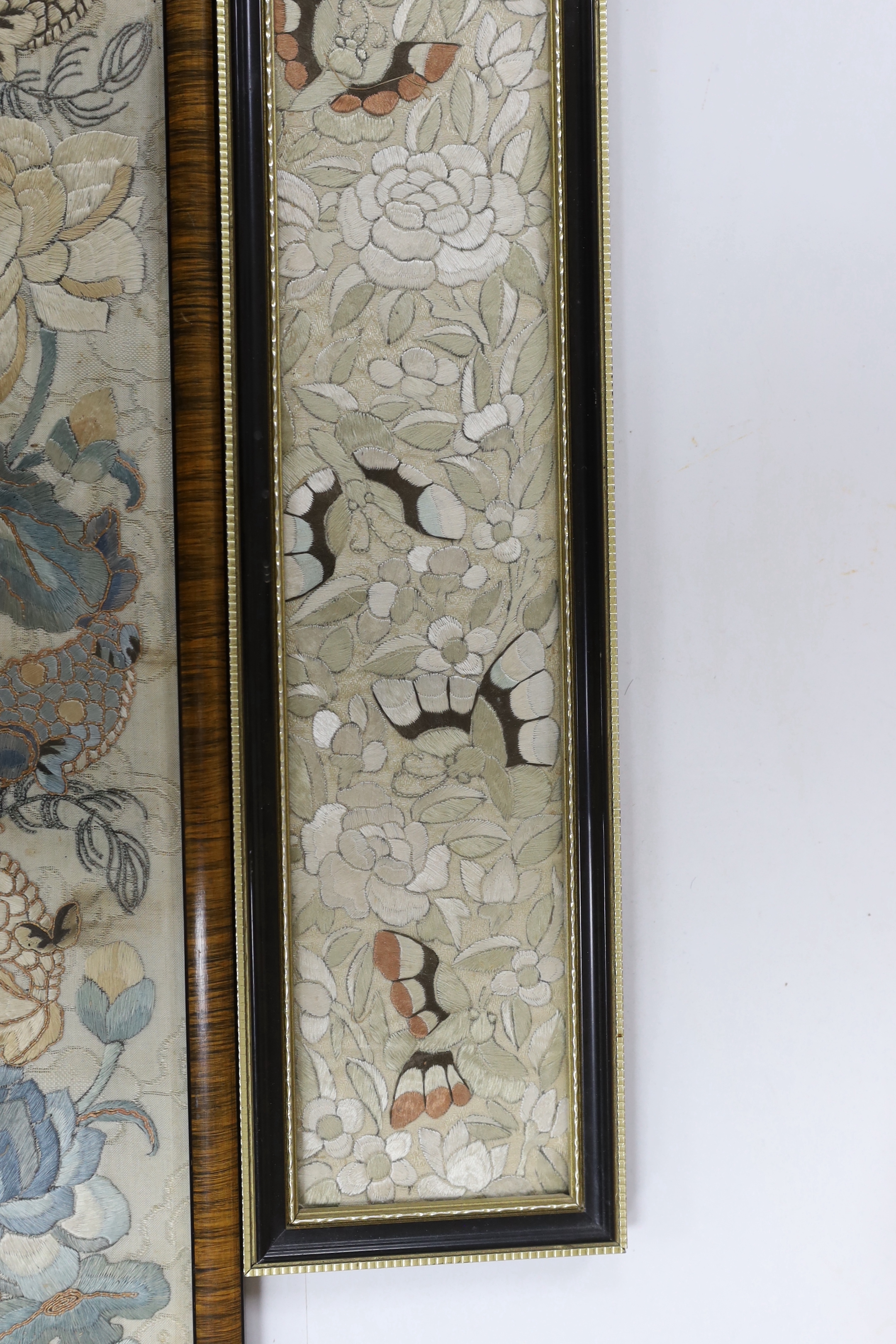 Three 19th century Chinese framed silk panels with embroidered decoration, largest 12 x 55cm